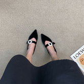 Pointed Toe Suede Rhinestone Buckle Mary Jane Shoes Oshnow